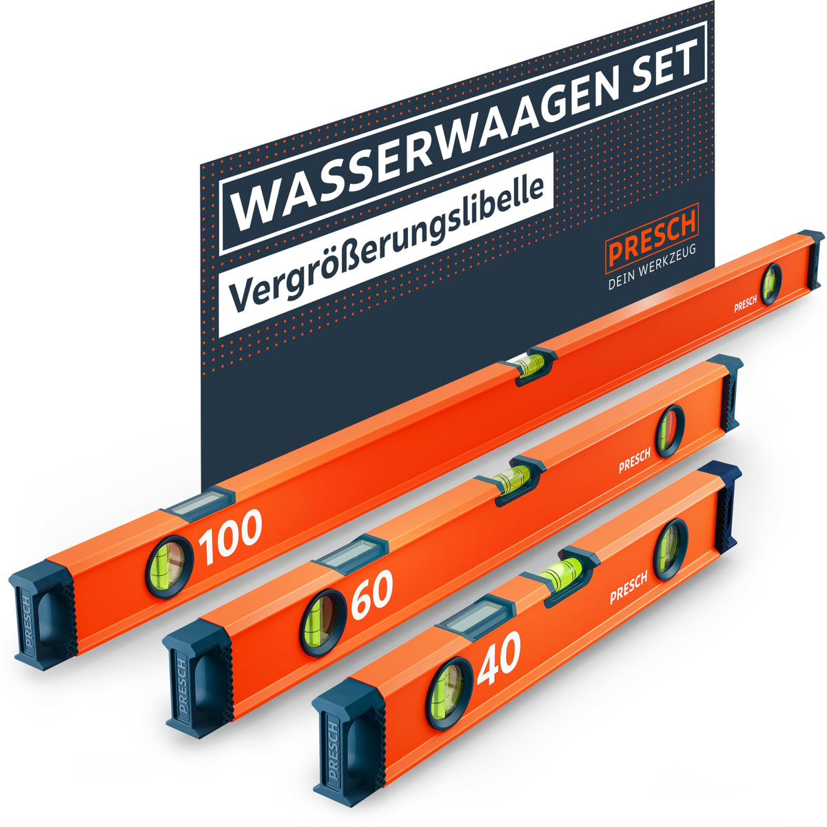 Presch Präzisions-Wasserwaagen Set 3tlg. – 40, 60, 100 cm. Drei silberne Aluminiumprofile mit Libellen zum Nivellieren von Horizontalen und Vertikalen.