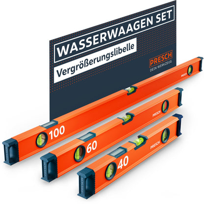 Presch Präzisions-Wasserwaagen Set 3tlg. – 40, 60, 100 cm. Drei silberne Aluminiumprofile mit Libellen zum Nivellieren von Horizontalen und Vertikalen.