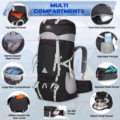 IGOLUMON Wanderrucksack 60L Trekkingrucksack mit Regenhülle, schwarz