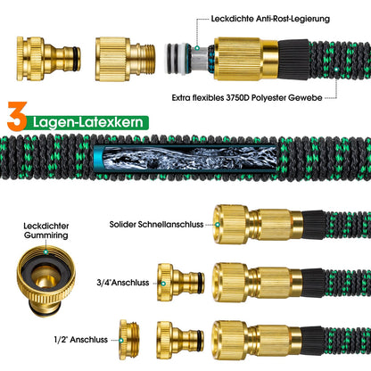 JUNEBOW Flexibler Gartenschlauch 30 m mit 10-Funktionen-Sprühkopf