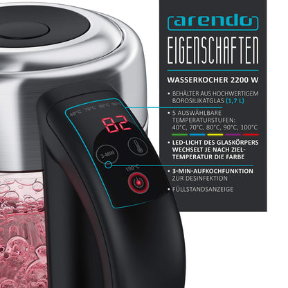 Arendo BLOOM Glas-Wasserkocher mit Temperatureinstellung, 1,7 l