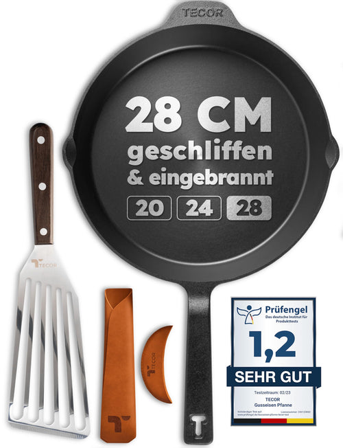 TECOR Gusseisenpfanne Induktion Geschliffen - 28 cm. Schwarze, runde Pfanne aus Gusseisen für Induktionskochfelder.