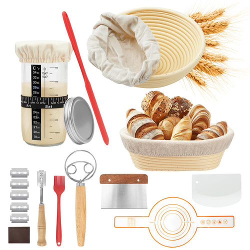 LZRBUBO Gärkorb Set 10-teilig, Sauerteig Starter Set mit Gärglas, runder und ovaler Gärkorb