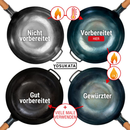 YOSUKATA Voreingebrannter Karbonstahl Wok Pfanne - 34cm Flacher Boden