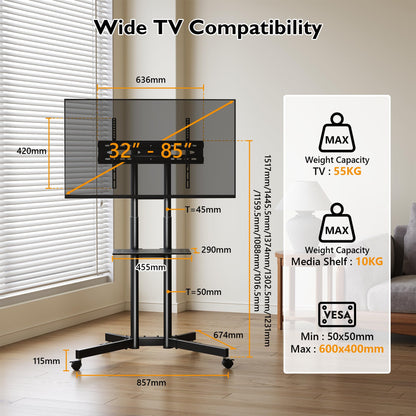 BONTEC TV Ständer rollbar, höhenverstellbar, für 32-85 Zoll bis 55 kg
