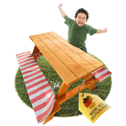 FRIEDO Kindersitzgruppe aus Holz mit Sitzkissen für Garten – Holzgarnitur mit Tisch und Bänken für Kinder