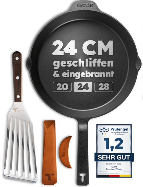 TECOR Gusseisenpfanne Induktion universal - 24 cm geschliffen. Runde, dunkle Pfanne zum Braten auf Induktion.