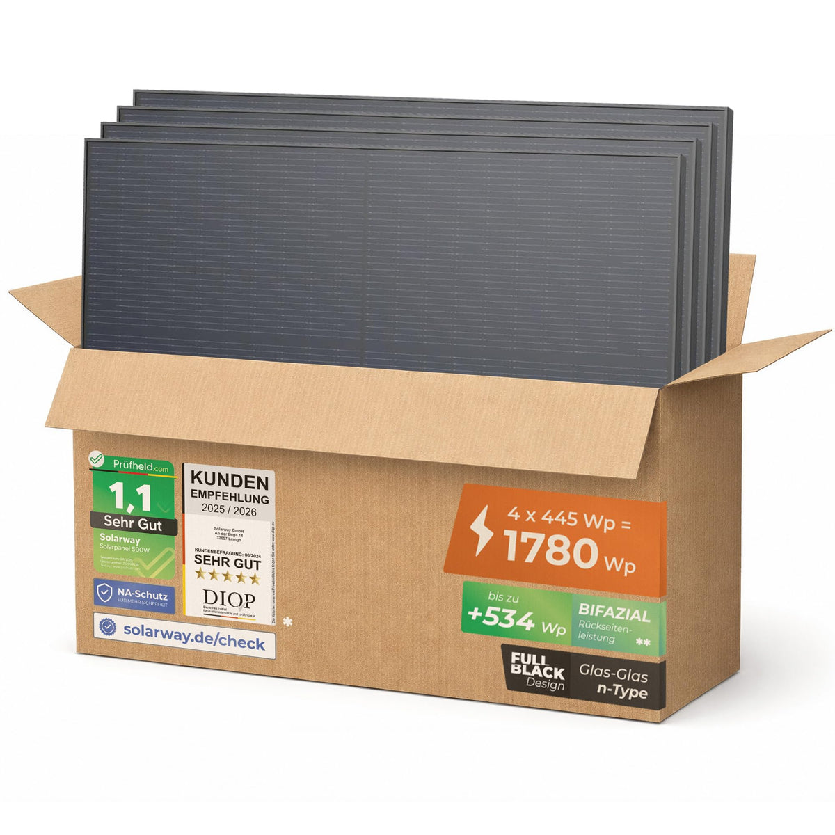 Solarway 445W Solarpanel Full Black bifazial Glas/Glas n-type, schwarzes Modul für Balkonkraftwerk