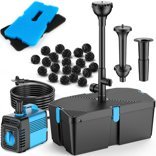 FEOXSHAL Teichfilter Set mit Pumpe 50W 2500 l/h und Springbrunnen, kompakte Filtereinheit mit 3 Aufsätzen