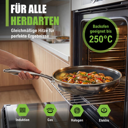 Morleos Wabenpfanne 28 cm, kratzfeste Keramik-Edelstahl-Bratpfanne