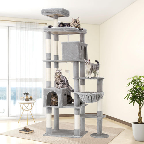 Globlazer Kratzbaum XXL F83 für grosse Katzen – Hellgrau. Mehrstufiger, hellgrauer Aufbau mit Sisalsäulen zum Kratzen, Klettern, Ruhen.