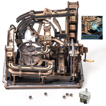 ROKR Marble Spaceport 3D Holzpuzzle Kugelbahn - LGC01 Motorbetrieben. Holzfarbene 3D-Kugelbahn, transportiert Marmorkugeln.