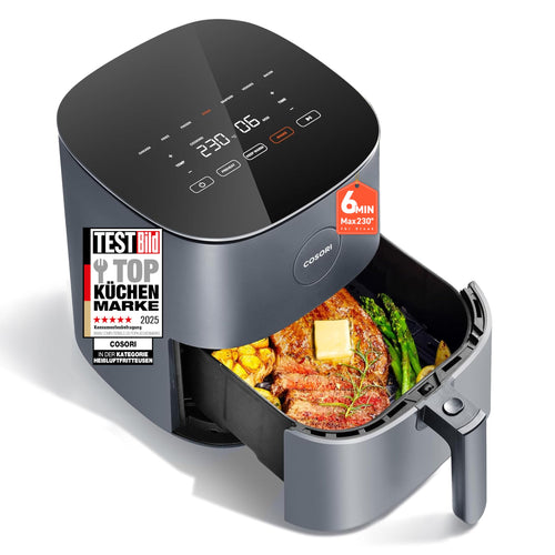 COSORI 7-in-1 Heissluftfritteuse, schwarzes Gehäuse mit digitalem Display. Zum fettarmen Frittieren, Braten, Backen und Grillen von Speisen.