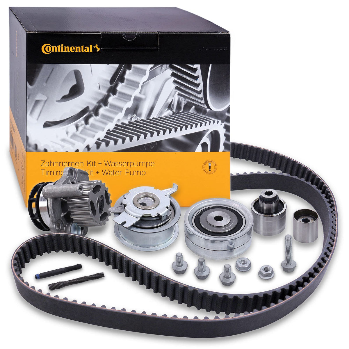CONTITECH CT1139WP6 Wasserpumpe & Zahnriemensatz. Silberfarbene Pumpe und schwarzer Riemen. Regelt Motorsteuerung und -kühlung.