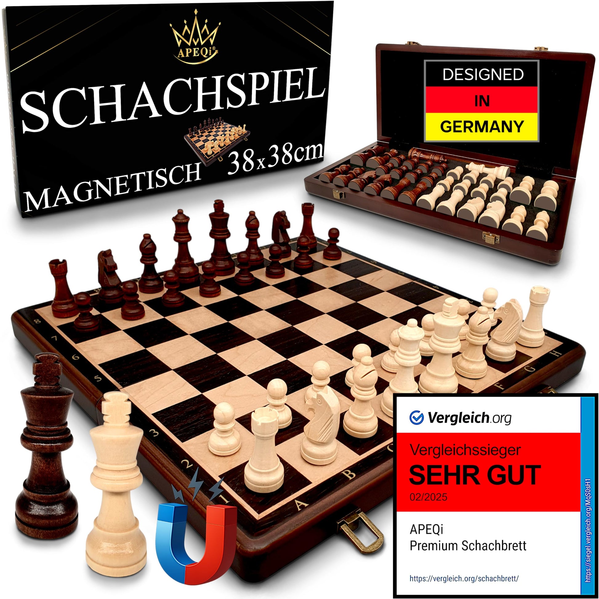 APEQi® Premium Schachspiel Holz magnetisch - 38x38cm. Für strategisches Schach; magnetische Figuren haften am Holzbrett.