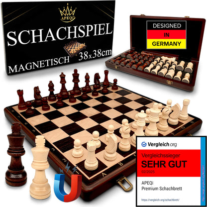 APEQi® Premium Schachspiel Holz magnetisch - 38x38cm. Für strategisches Schach; magnetische Figuren haften am Holzbrett.