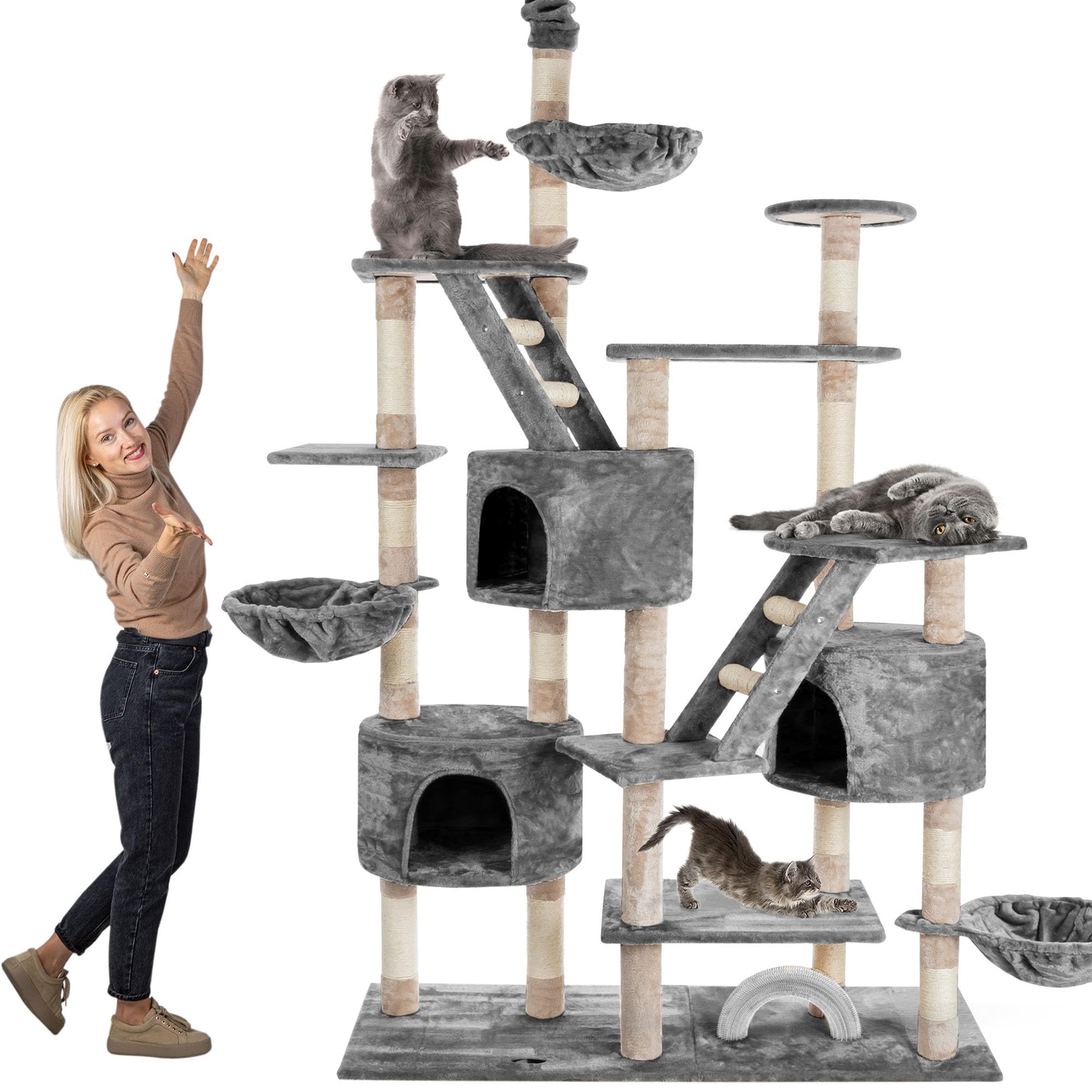 HAPPYPET SAM Kratzbaum deckenhoch – XXL Grau 260 cm. Grauer Deckenkratzbaum (260 cm) für Katzen zum Klettern, Kratzen, Ruhen.