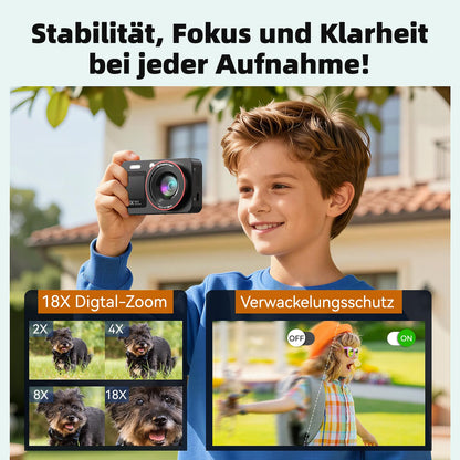 Caytail Digitalkamera 4K 64MP Kompaktkamera mit 18x Zoom, Schwarz