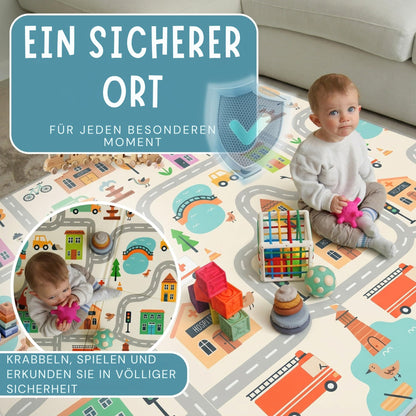 HuBorns Krabbelmatte Baby faltbar, 200x180 cm, wendbar, Stadt XL