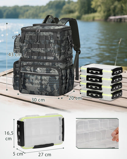 MATEIN Angelrucksack mit 4 Köderboxen, Rutenhalter und Kühlfach