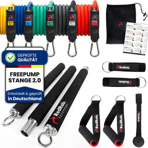 RED RAB Smart Workout Bar Fitness Stange Set – 5 Widerstandsbänder: Schwarze Stange mit Gurtösen. Dient mit ansteckbaren Bändern dem Krafttraining.
