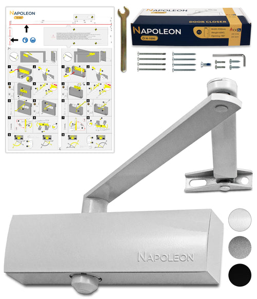 NAPOLEON N-1000 Automatischer Türschliesser Grösse 3 – Weiss. Weisser, rechteckiger Türschliesser regelt Türschliessung.