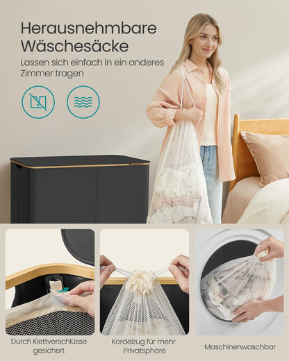 SONGMICS Wäschekorb mit Deckel, 4 Fächer, 200 L, tintenschwarz