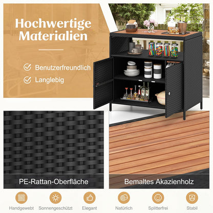 COSTWAY Gartenschrank Rattan mit Akazienholz-Arbeitsplatte, Schwarz