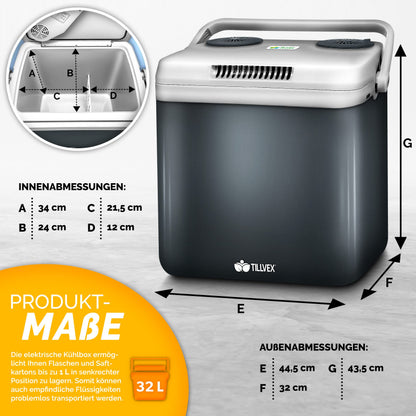 tillvex Kühlbox elektrisch 32L Mini-Kühlschrank 12V/230V - Grau