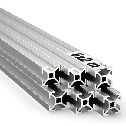 Ulber24 Aluprofil 20x20 Nut6 Typ B – 6x2m System Steckprofil, silbernes 20x20mm Vierkantprofil mit Nut6. Konstruktionsprofil für stabile Rahmen.