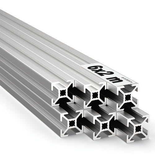 Ulber24 Aluprofil 20x20 Nut6 Typ B – 6x2m System Steckprofil, silbernes 20x20mm Vierkantprofil mit Nut6. Konstruktionsprofil für stabile Rahmen.