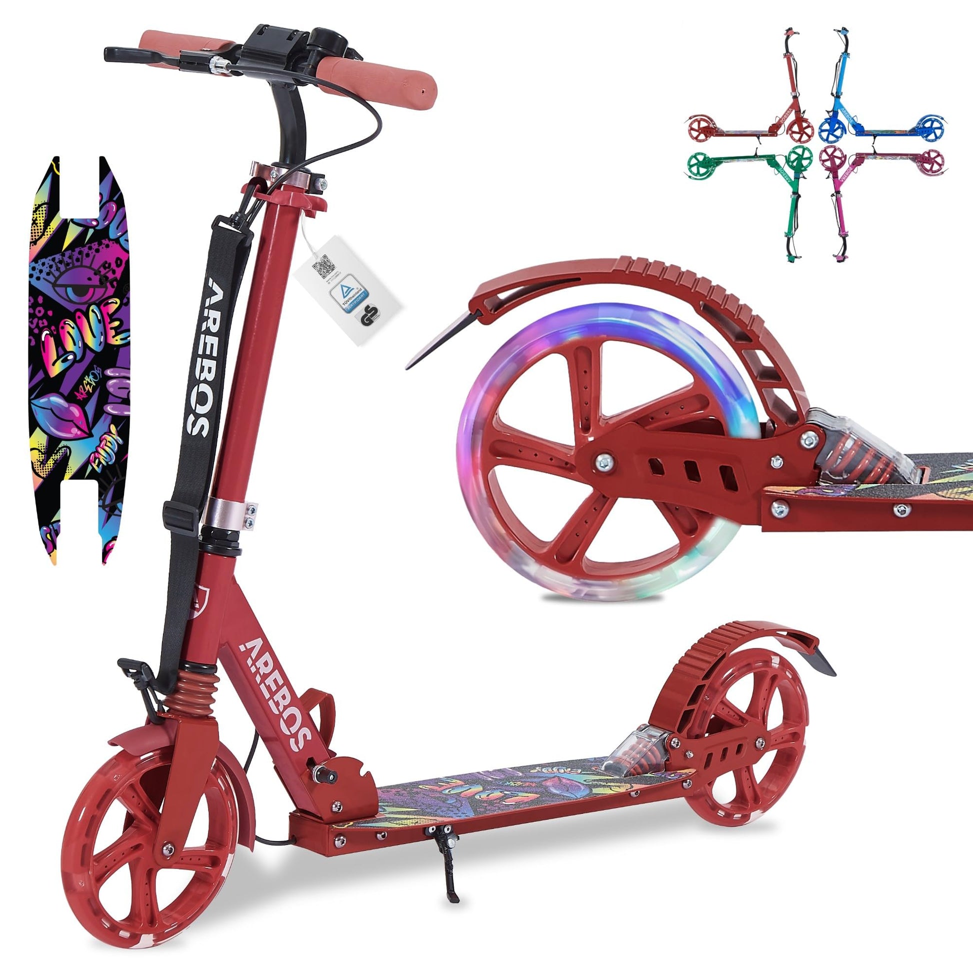 Arebos Cityroller Tretroller, rot, klappbar, mit LED Rädern. Dient der Fortbewegung in der Stadt durch Treten.