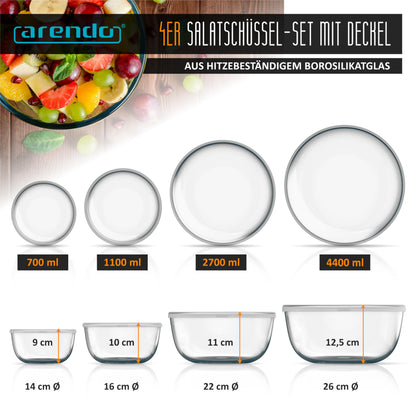 Arendo Rührschüssel Set 4-teilig aus Borosilikatglas mit Deckel