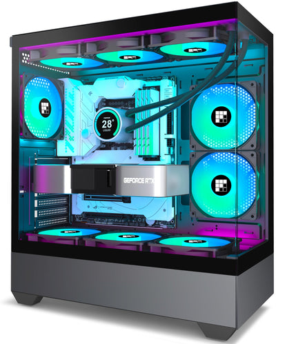 FOIFKIN F1 ATX Gaming PC Gehäuse. Schwarzes ATX Midi-Tower mit Panoramaglas und ARGB-Lüftern. Beherbergt PC-Hardware für Gaming-Systeme.