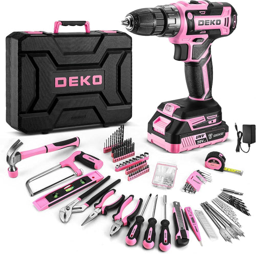 DEKO Werkzeugkoffer 186-teilig mit Akku-Bohrschrauber 20 V rosa, Werkzeuge aus CR-V-Stahl