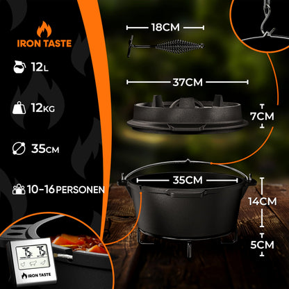 IRON TASTE Dutch Oven Set 12L – Eingebrannter Gusseisen Feuertopf