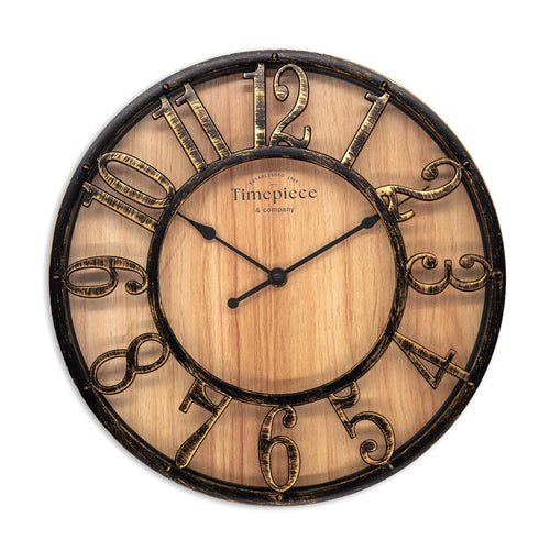 K&L Wall Art Vintage Wanduhr 50 cm lautlos in Holz-Metalloptik, rundes Zifferblatt mit arabischen Ziffern
