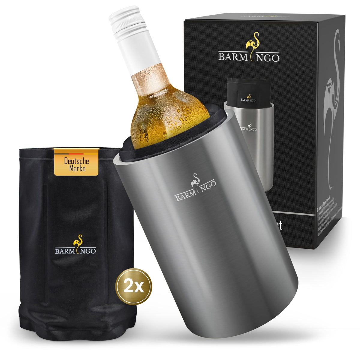 BARMINGO Weinkühler Edelstahl doppelwandig mit Kühlmanschetten, silber und matt, für Wein und Sekt