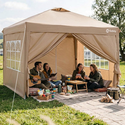 Sekey Pop Up Pavillon 3x3 m, wasserdicht, mit Seitenwänden, beige