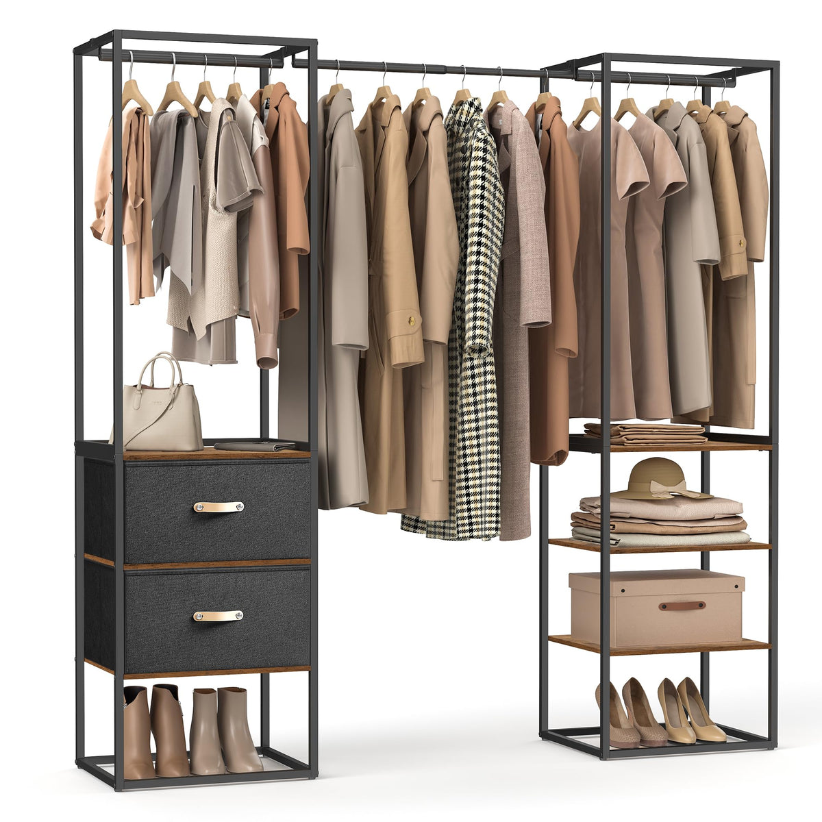 SONGMICS Offener Kleiderschrank RGR003B01 - Vintagebraun. Rechteckiges offenes Regal mit Kleiderstange und Fachböden zur Kleideraufbewahrung.