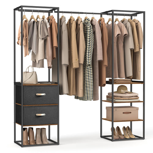 SONGMICS Offener Kleiderschrank RGR003B01 - Vintagebraun. Rechteckiges offenes Regal mit Kleiderstange und Fachböden zur Kleideraufbewahrung.
