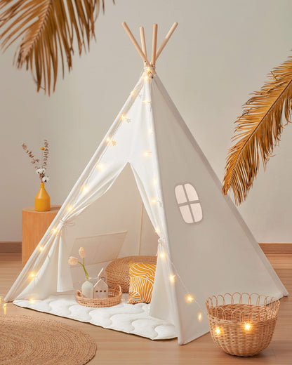 Tiny Land Tipi Zelt Kinderzelt - mit Decke & Lichterkette, konisches Textilzelt als Spielraum für Kinder.
