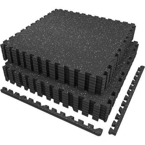 AIRHOP Fitness-Puzzlematte Gummiert - 12 Stk. 60x60x1,4cm. Dunkle, quadratische Gummimatten, steckbar als stoßdämpfender Bodenschutz für Trainingsbereiche.