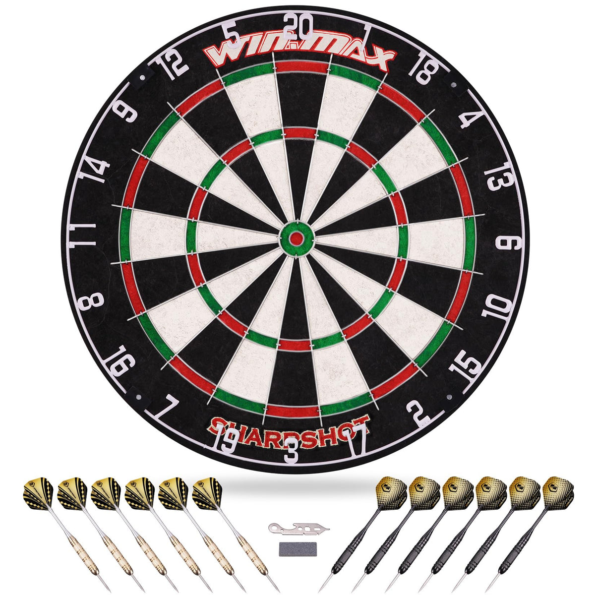 WIN.MAX Steeldartscheibe Set mit 12 Dartpfeilen und 24 Flights, Sisal-Dartboard mit Dreiecksdraht