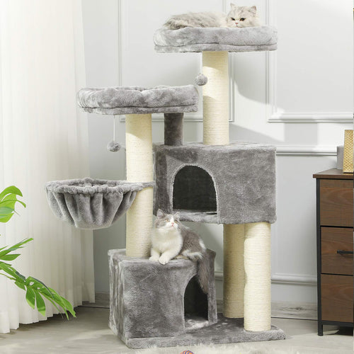 MSmask Kratzbaum XXL Katzenbaum. Hoher Katzenbaum mit Sisalsäulen und 2 beigen Plattformen. Bietet Katzen Kletter-, Kratz- & Ruhezonen.