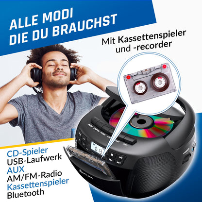 KLIM Boombox CD-Player mit Kassette, Radio, USB & Bluetooth