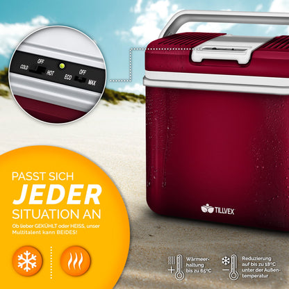 tillvex Kühlbox elektrisch 24L 12V/230V Kühlen/Wärmen - Rot