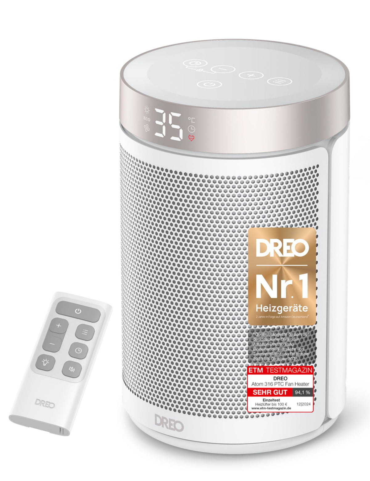 Dreo Heizlüfter DR-HSH026, 1500 W PTC-Keramik, Thermostat, Weiss – mobiler Elektroheizer mit Tragegriff