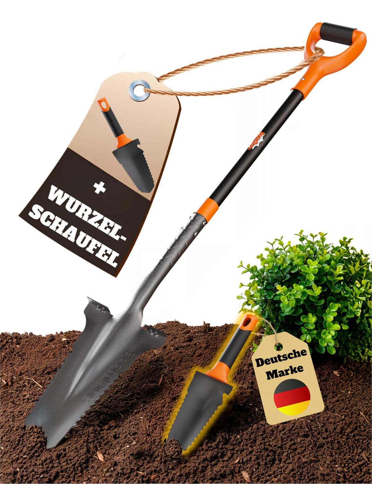 BoomDing Wurzelspaten mit Sägezahn-Handschaufel Set, Carbonstahl – Spatenblatt mit Sägezähnen und Fiberglasstiel