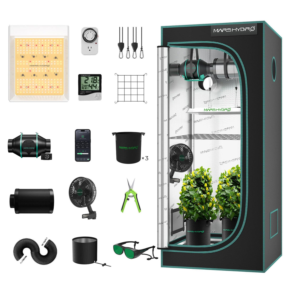 Mars Hydro TS600 Vollspektrum Growzelt Komplettset - 60x60x140cm. Quadratisches, schwarzes Zuchtzelt für optimalen Indoor-Pflanzenanbau.